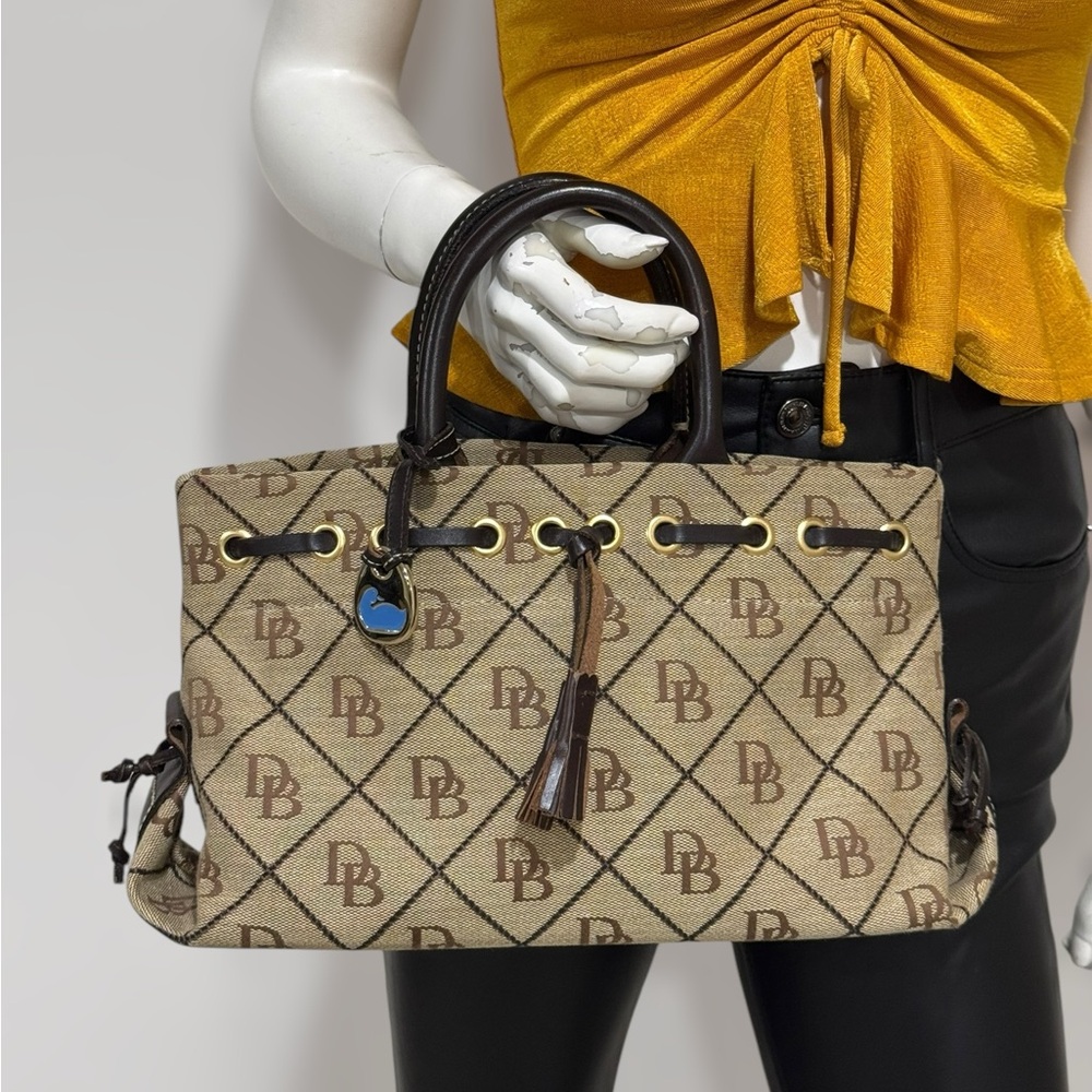 Vintage Dooney & Bourke Brown Logo Print Canvas Tassel Tote Satchel Bag - Picture 13 of 13